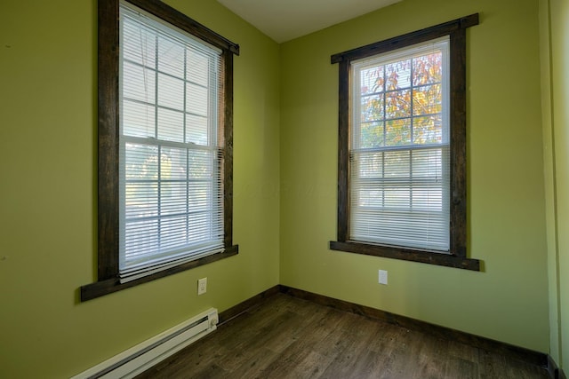 empty room featuring dark hardwood / wood-style floors and a baseboard heating unit