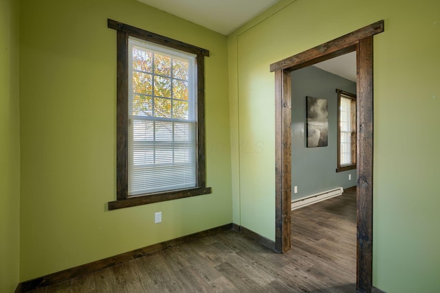 unfurnished room with dark wood-type flooring and a baseboard radiator