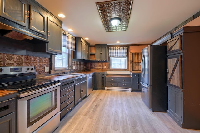 kitchen with sink, stainless steel appliances, tasteful backsplash, light hardwood / wood-style flooring, and exhaust hood