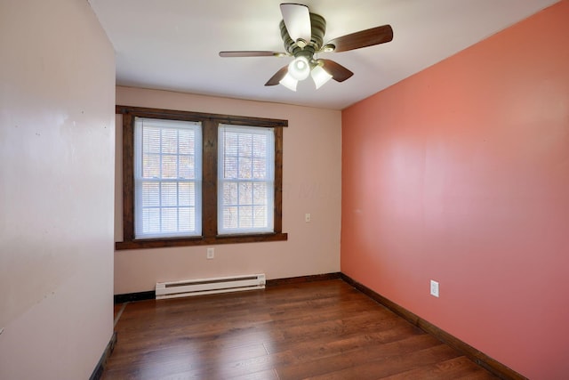 empty room with dark hardwood / wood-style floors, ceiling fan, and a baseboard radiator