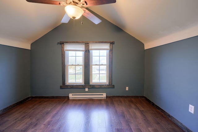 bonus room featuring dark hardwood / wood-style flooring, lofted ceiling, ceiling fan, and a baseboard heating unit