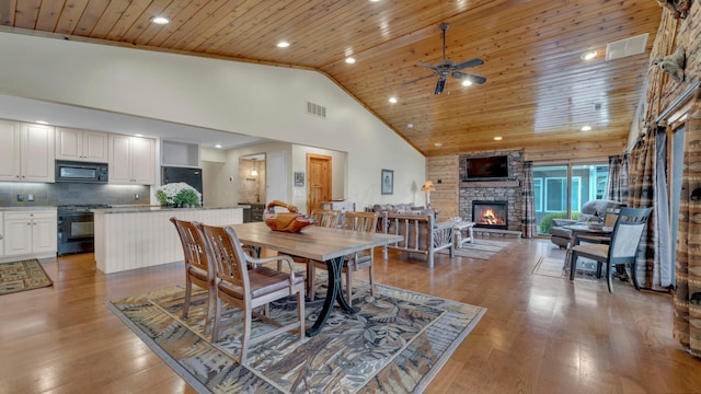 dining area with ceiling fan, wooden ceiling, a stone fireplace, light hardwood / wood-style flooring, and high vaulted ceiling