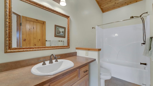 full bathroom featuring tile patterned floors, lofted ceiling, toilet, shower / tub combination, and vanity