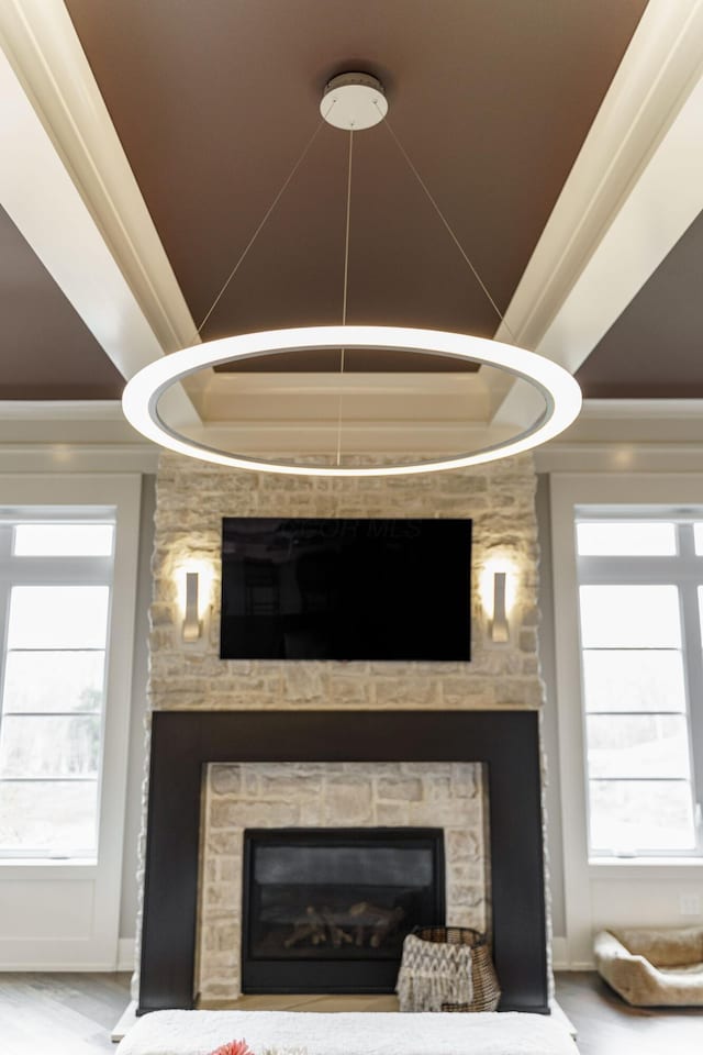 room details with ornamental molding, a stone fireplace, and wood finished floors