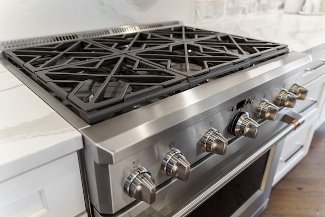 details with tasteful backsplash, high end stove, and light stone countertops