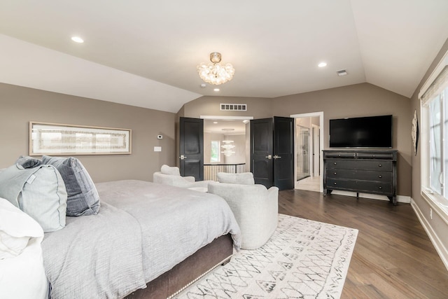 bedroom with visible vents, recessed lighting, a chandelier, wood finished floors, and lofted ceiling