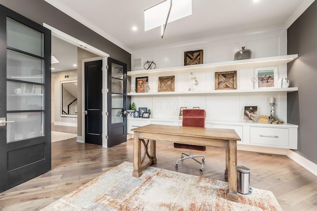 home office featuring baseboards, recessed lighting, and wood finished floors
