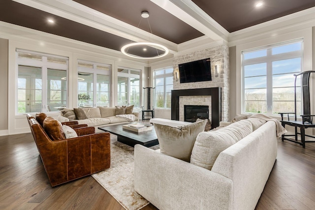 living area with crown molding, dark wood finished floors, plenty of natural light, and a fireplace