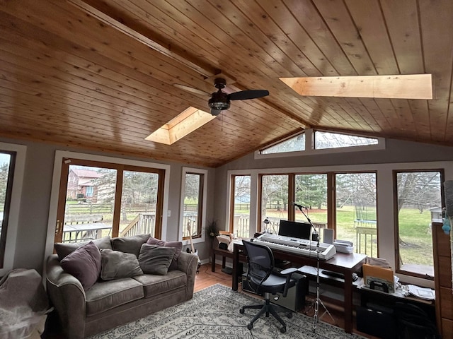 tiled home office featuring plenty of natural light and wood ceiling