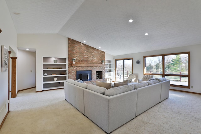 carpeted living room with a brick fireplace, a textured ceiling, and vaulted ceiling