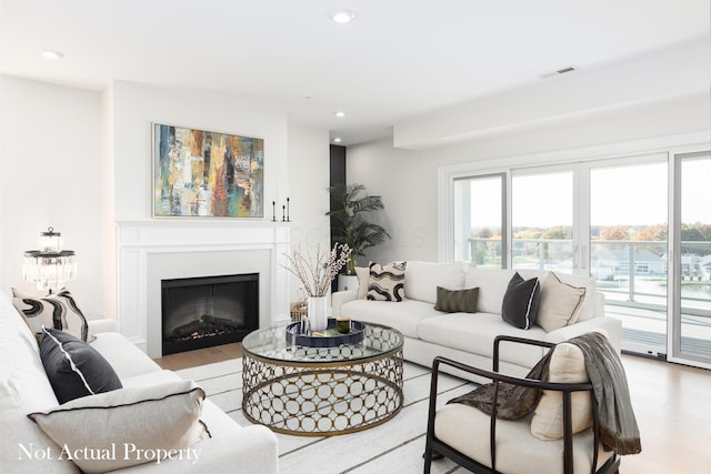 living room with light hardwood / wood-style flooring