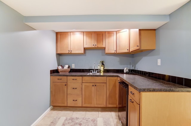 kitchen with sink, beverage cooler, and light tile patterned flooring