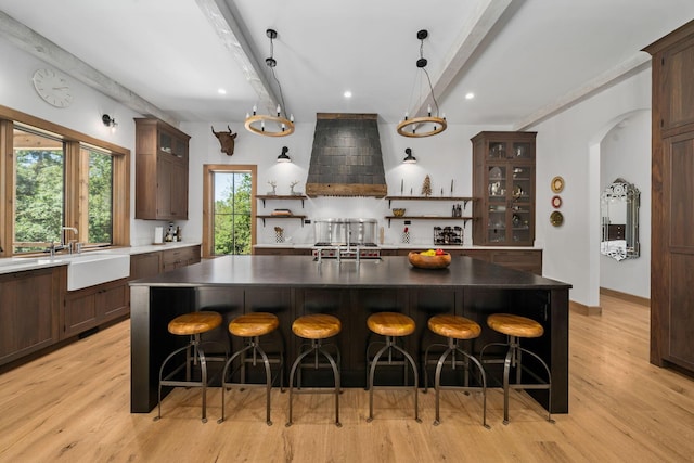 kitchen featuring custom range hood, light hardwood / wood-style floors, a kitchen island, and sink