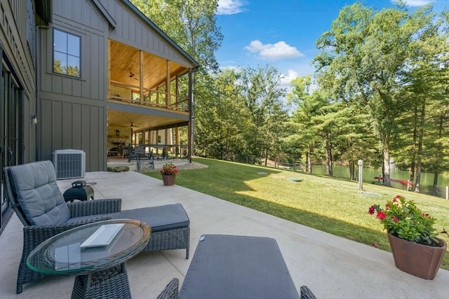 view of patio / terrace with central AC unit, ceiling fan, a balcony, and outdoor lounge area