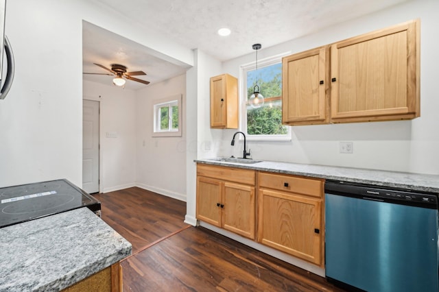 1366 Oakwood Ave, Columbus, OH 43206 - kitchen featuring dishwasher, light brown cabinets, dark wood-type flooring, ceiling fan, and range
