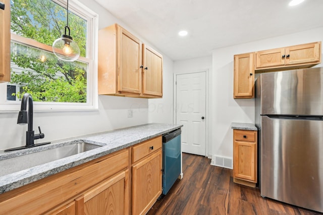 1366 Oakwood Ave, Columbus, OH 43206 - kitchen featuring freestanding refrigerator, dishwasher, dark wood-type flooring, recessed lighting, and light stone counters