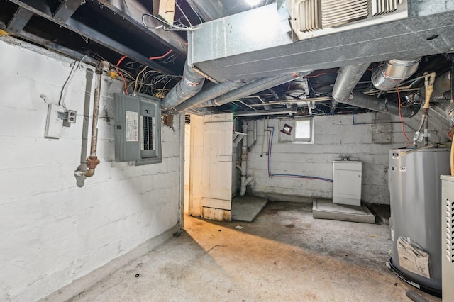 basement featuring electric panel and water heater