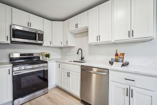 kitchen featuring white cabinetry, sink, stainless steel appliances, and light wood-type flooring