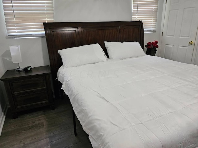 bedroom with multiple windows and dark wood-type flooring