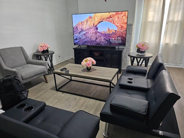 home theater featuring hardwood / wood-style flooring