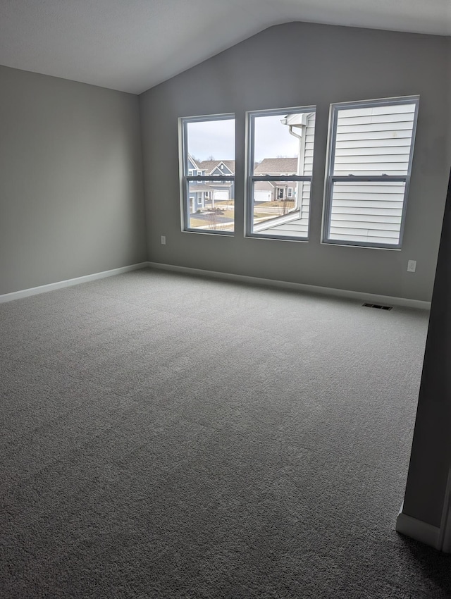 spare room with carpet floors, vaulted ceiling, and a healthy amount of sunlight