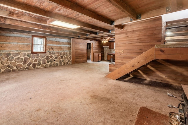 basement featuring wood walls and wooden ceiling