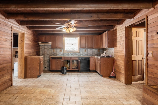 kitchen featuring wood walls, backsplash, sink, ceiling fan, and black dishwasher