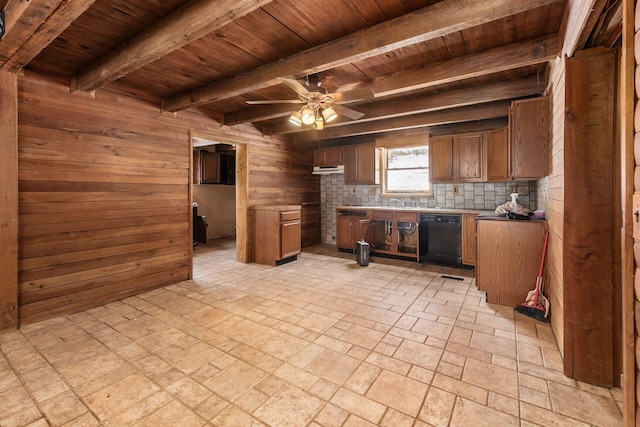 kitchen with wood walls, backsplash, ceiling fan, black dishwasher, and wood ceiling