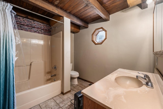 full bathroom featuring beam ceiling, shower / bathtub combination with curtain, wooden ceiling, toilet, and vanity