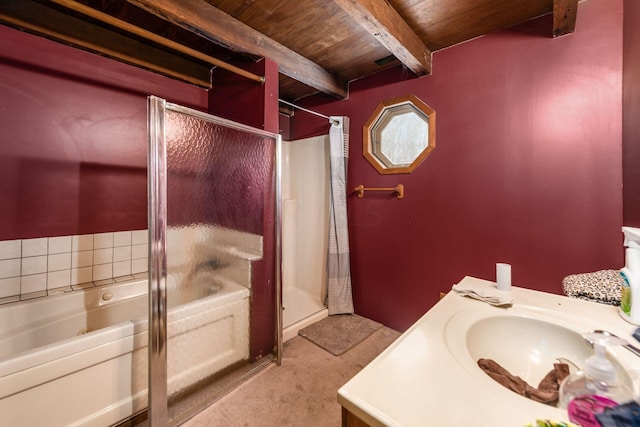 bathroom featuring beam ceiling, separate shower and tub, vanity, and wooden ceiling