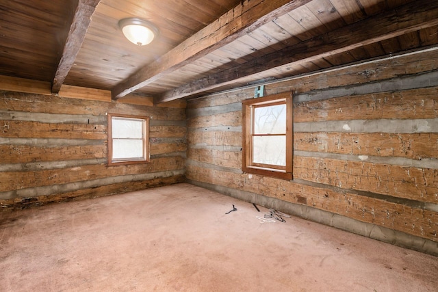 spare room featuring beam ceiling, carpet flooring, and wooden ceiling