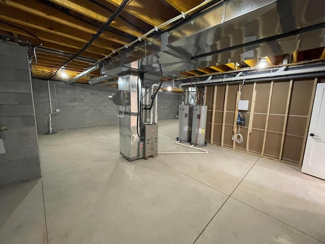 basement with heating unit, electric water heater, and water heater