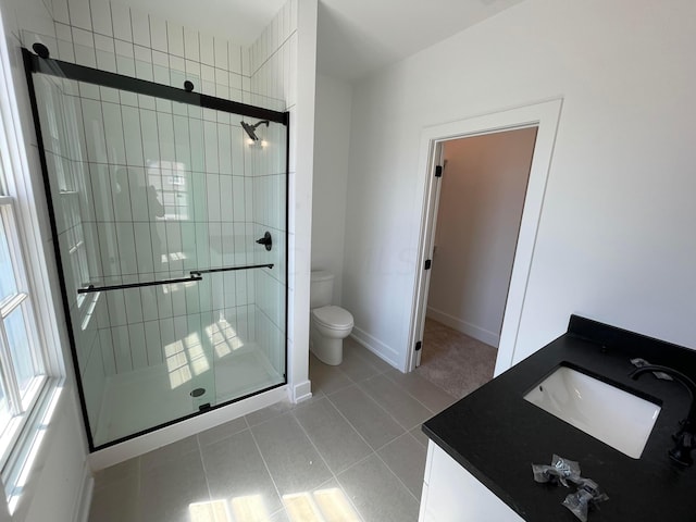 bathroom with tile patterned flooring, vanity, toilet, and a shower with door