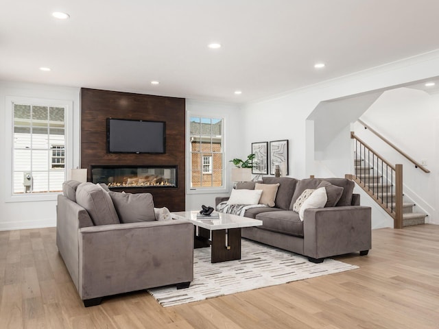 living room with a large fireplace, light hardwood / wood-style floors, and crown molding