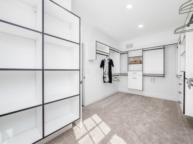 walk in closet with light colored carpet