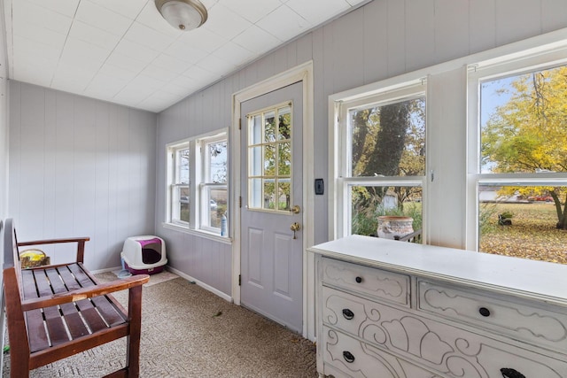 doorway featuring wooden walls, light colored carpet, and a wealth of natural light