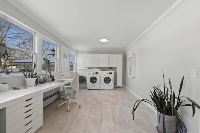 washroom with cabinets, separate washer and dryer, crown molding, and light tile patterned floors