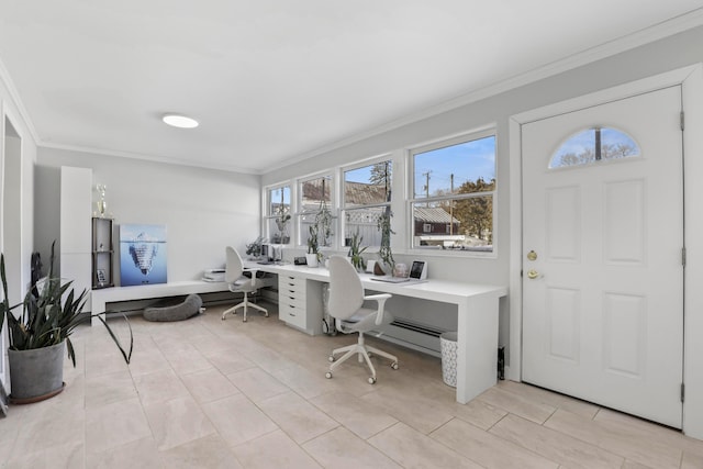 tiled office space featuring built in desk and ornamental molding