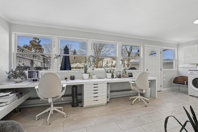 tiled home office with ornamental molding and washer / dryer