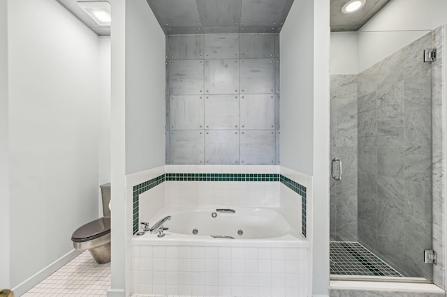 full bath with a stall shower, tile patterned flooring, and a tub with jets