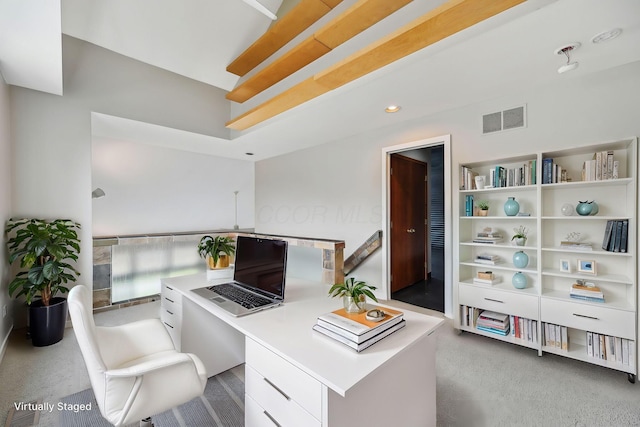 office area featuring carpet flooring, visible vents, and recessed lighting