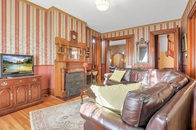 living room featuring a fireplace and light wood-type flooring