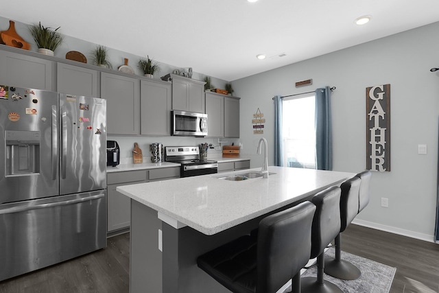 kitchen with gray cabinets, sink, appliances with stainless steel finishes, and dark wood-type flooring