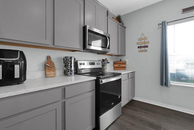 kitchen with gray cabinetry, plenty of natural light, dark wood-type flooring, and appliances with stainless steel finishes