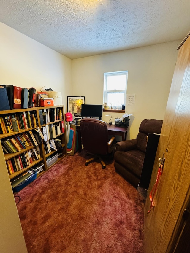 carpeted home office with a textured ceiling