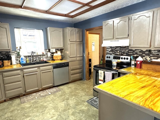 kitchen featuring butcher block counters, stainless steel appliances, gray cabinetry, and sink