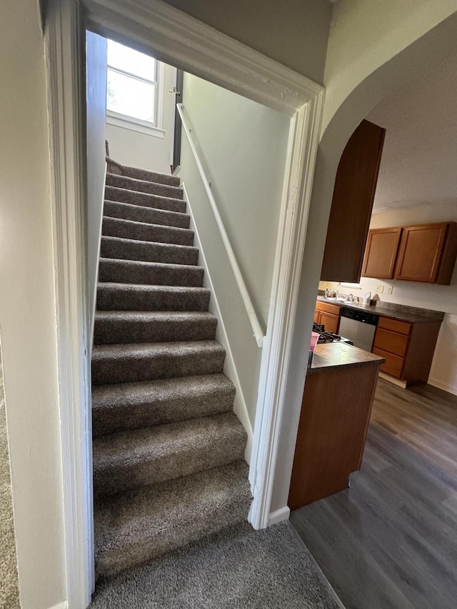 staircase featuring hardwood / wood-style flooring