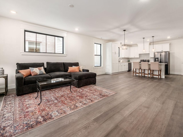 living room featuring light hardwood / wood-style flooring and sink