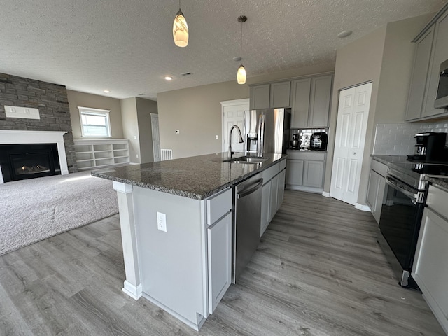 kitchen with light wood-type flooring, stainless steel appliances, sink, gray cabinets, and an island with sink