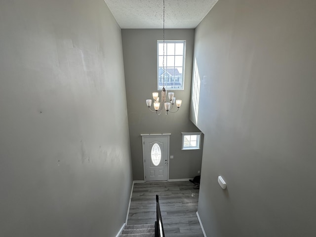 foyer with wood-type flooring, a textured ceiling, and a notable chandelier